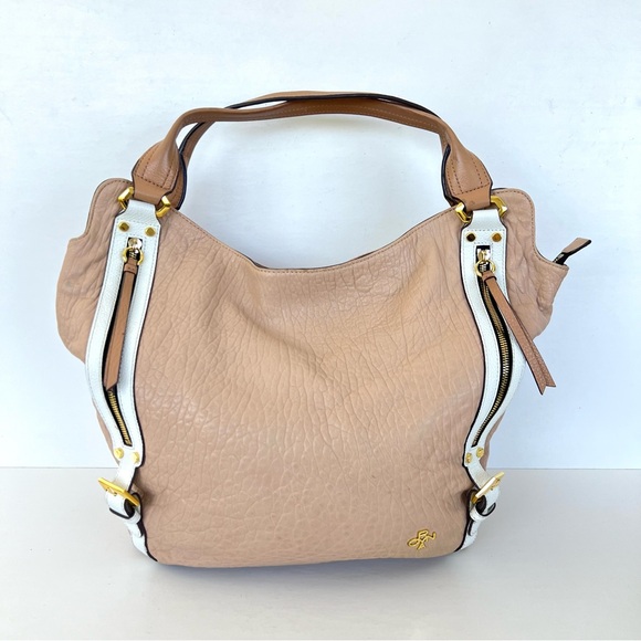 orYANY Tegan Beige Cream Pebbled Leather Front Zip Pockets Large Shoulder Tote - Picture 2 of 16